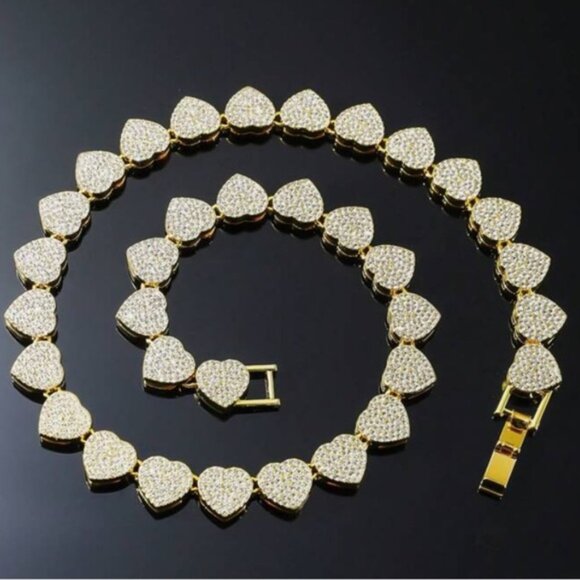 Gold Plated Heart Crystal Necklace Paved, Ice Out, Bling, Choker - Picture 14 of 14